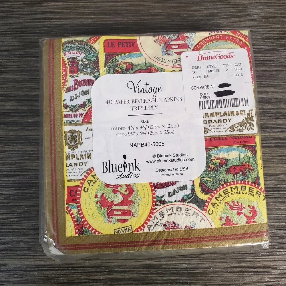 Blue Ink‎ Studios Vintage Inspired Cheese & Beverage Themed Paper Napkins 40 ct